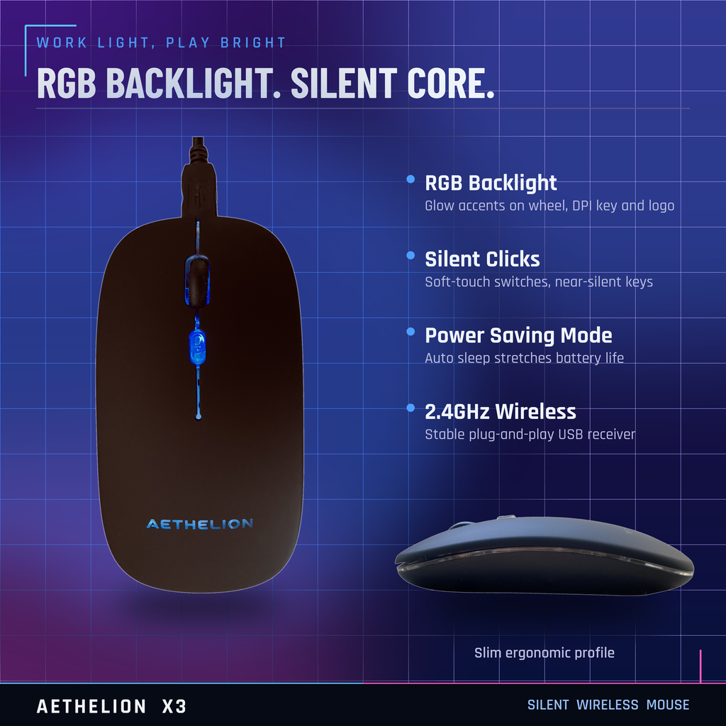 AETHELION X3 | 2.4G Wireless Optical Mouse | Ultra-Thin, Quiet Click, RGB, Power Saving | Up to 10M Range