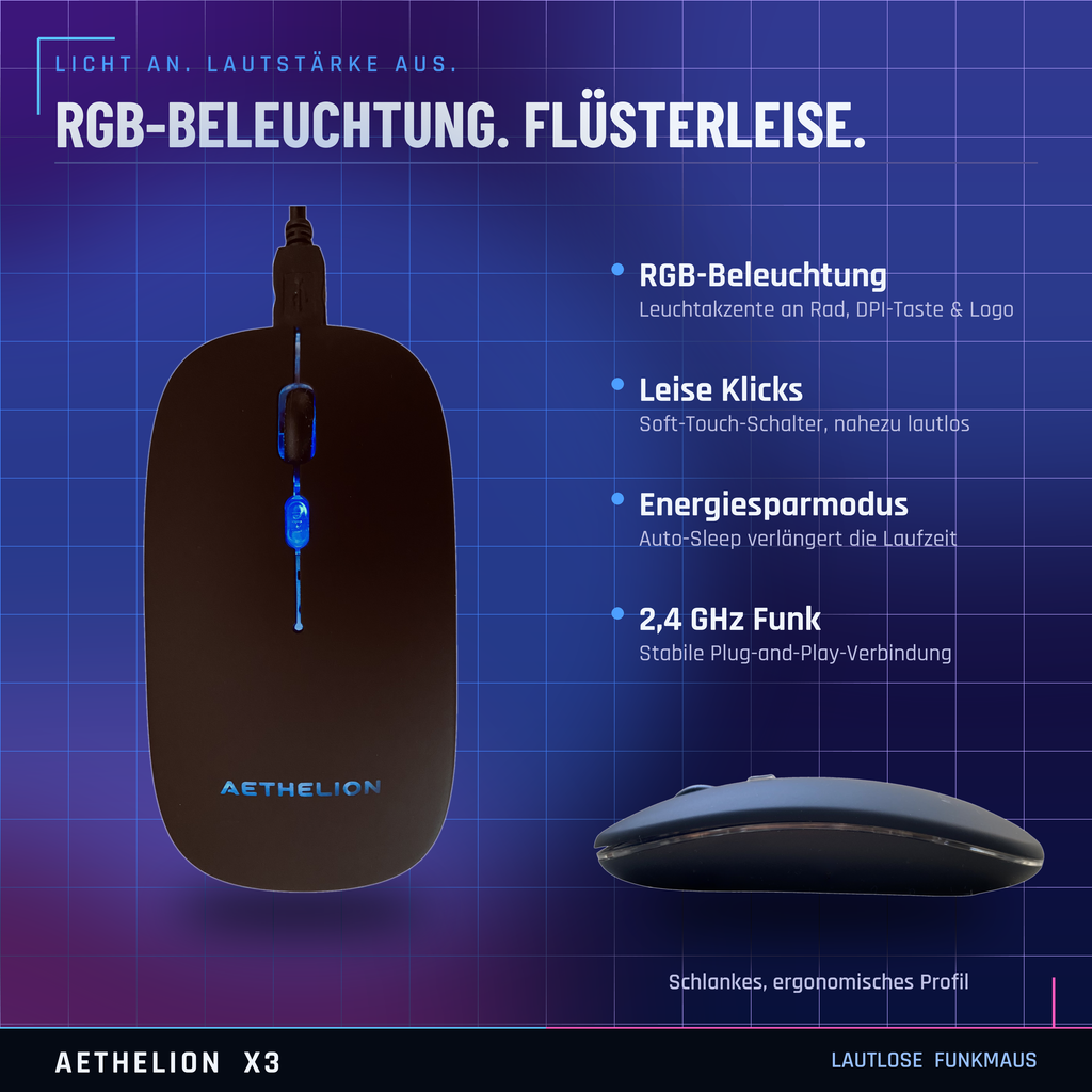 AETHELION X3 | 2.4G Wireless Optical Mouse | Ultra-Thin, Quiet Click, RGB, Power Saving | Up to 10M Range