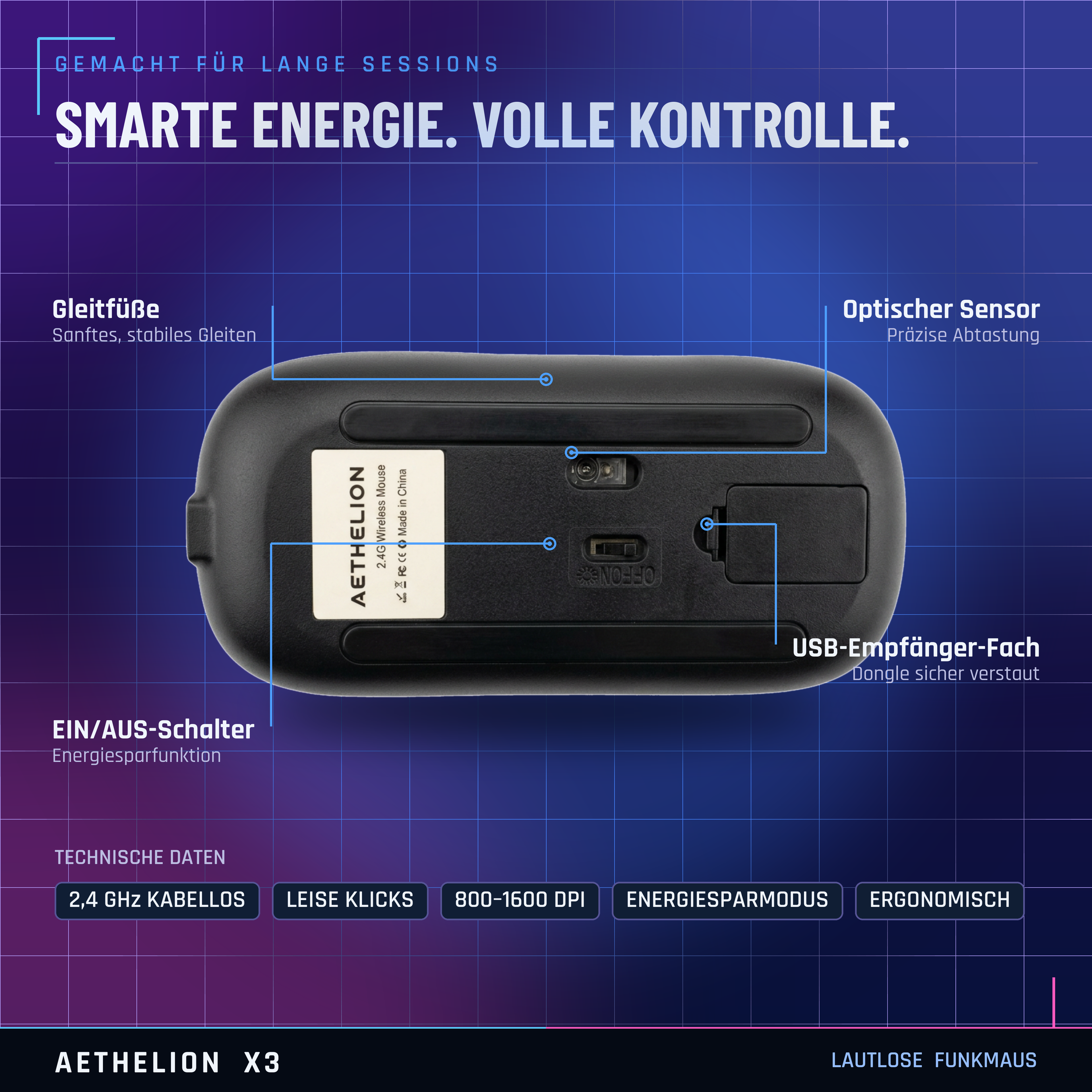AETHELION X3 | 2.4G Wireless Optical Mouse | Ultra-Thin, Quiet Click, RGB, Power Saving | Up to 10M Range